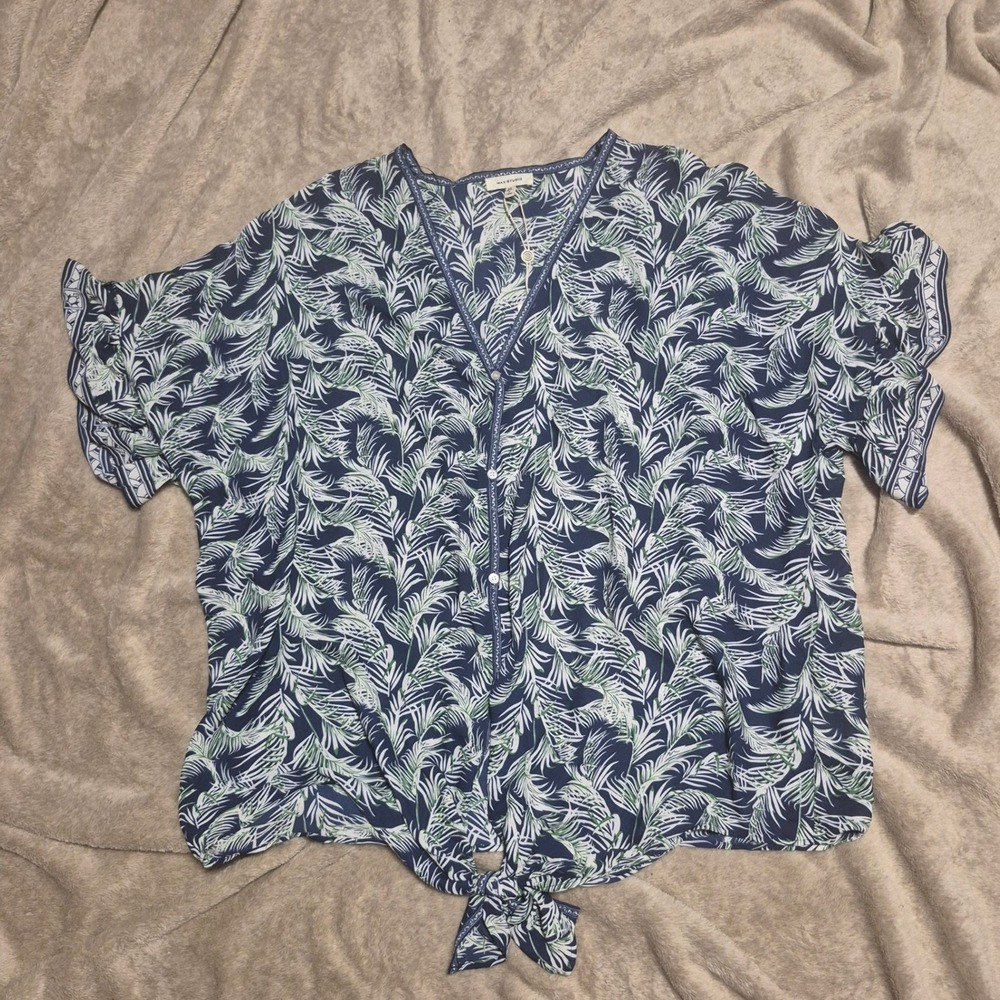 Max Studio Womens 2X Tropical Palm Leaf Tie Front Button Up Blouse Navy 1W11D39